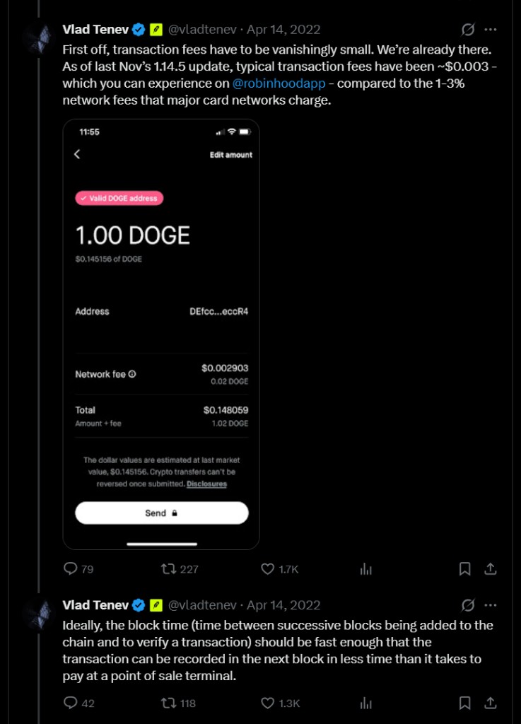 Screenshot of Vlad Tenev's April 2022 tweet thread about Dogecoin becoming the currency of the Internet